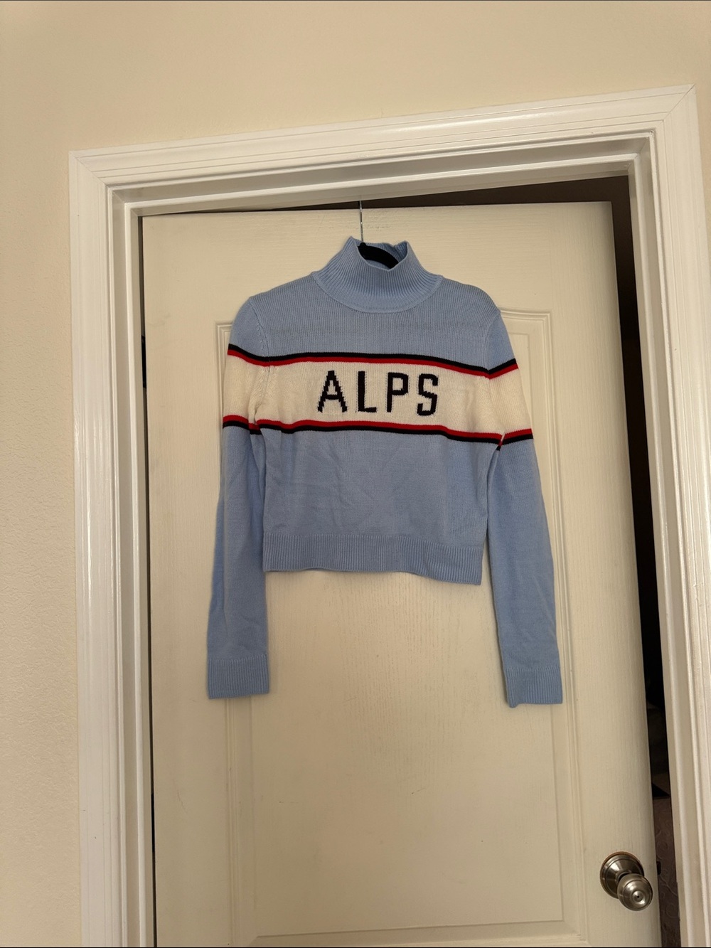 H&M Light Blue 'ALPS' Cropped Turtleneck Sweater with White & Red Stripes